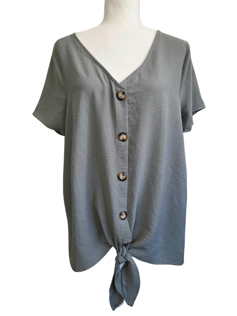 Tie-Hem Button-Front Blouse in Gray